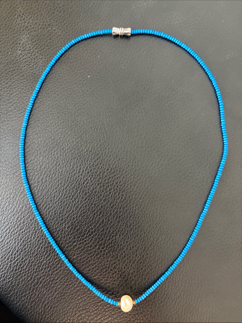 Blue Beaded Necklace with Pearl Accent